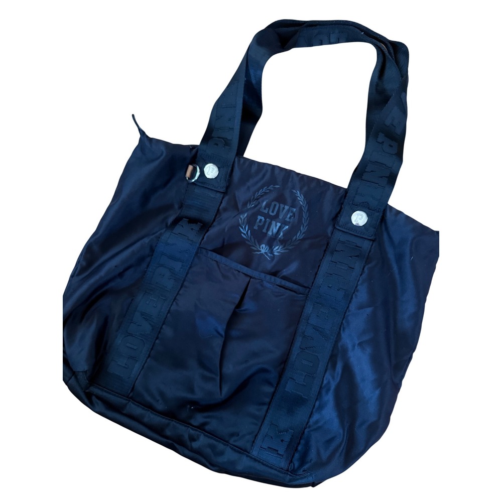 Y2K 2000s vintage Victoria's Secret PINK Black Nylon Tote Bag Logo Zip top‎